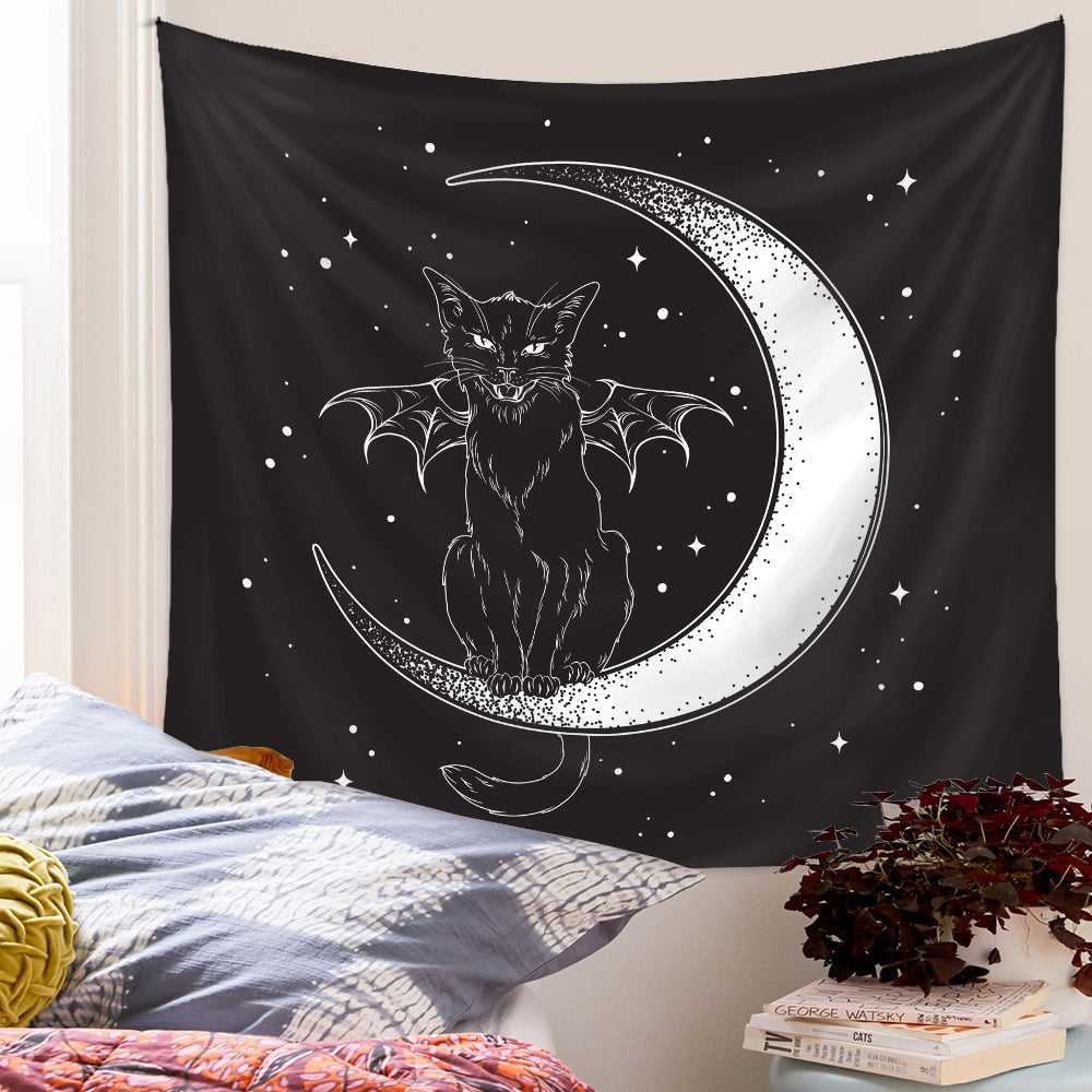 Black Cat Tapestry, Pagan Wall Hanging , Black and White Tapestry,  Moon Phase Decor , Spiritual  Goth Mandala ,Witchy Art for Living Room