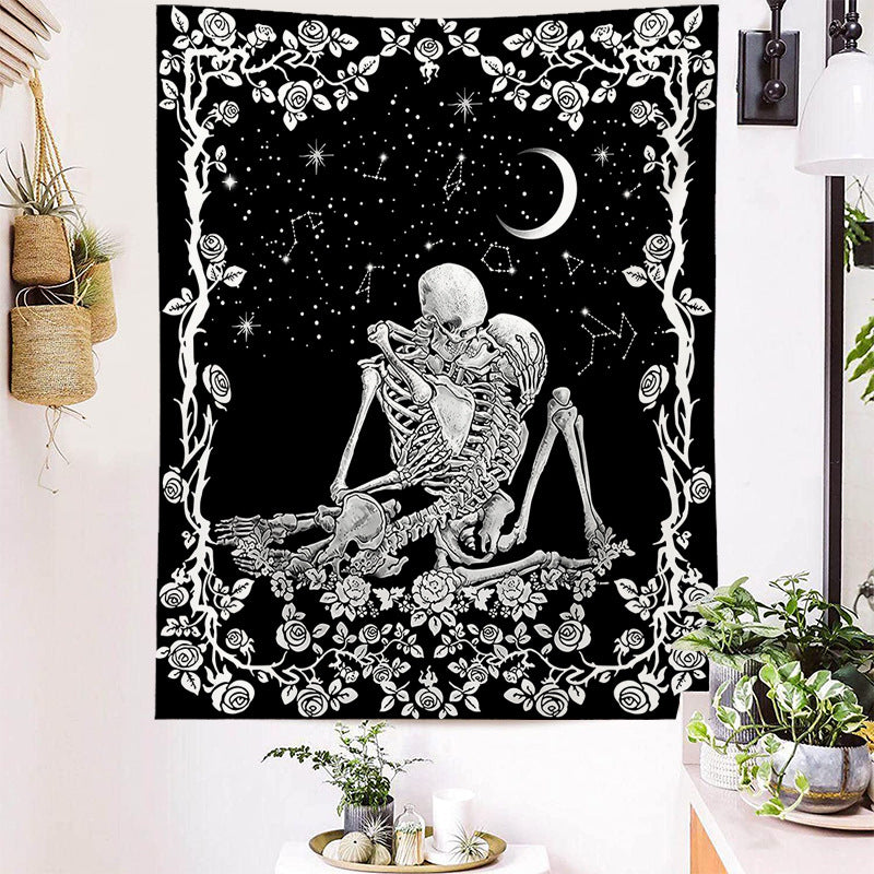 Skeleton Tapestry, Kissing Lovers Wall Art , The Kissing Lovers Wall Hanging ,Black and White Tapestry, Tarot Card Cloth, Bed Room Decor