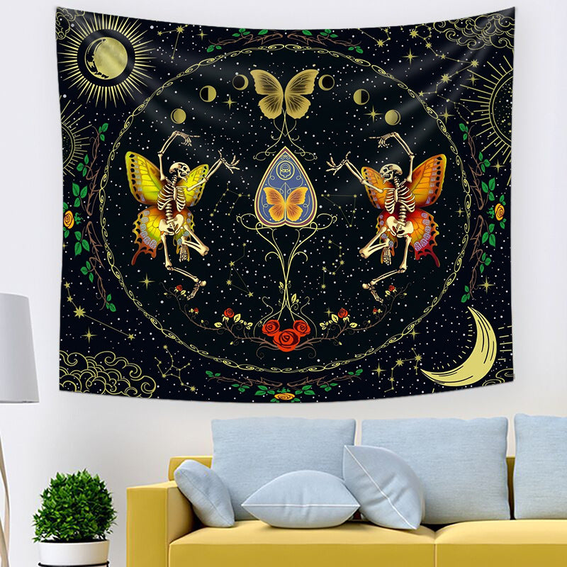 Moth Butterfly Tapestry, Skull Tapestry , Black Tarot Skeleton Wall Hanging ,Sun and Moon Cloth, Hippie ,Goth, Aesthetic for Bedroom, Dorm