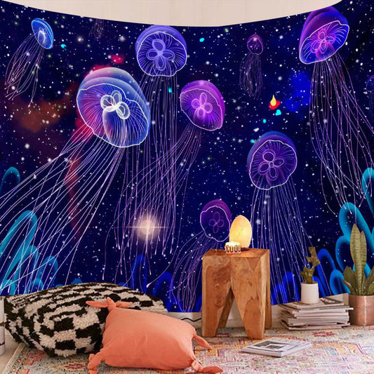 UV Black Light Fluorescent Wall Hanging,  Jellyfish Tapestry, Large Purple Sky Tapestry, Psychedelic Trippy Mandala Blue, Party Décor