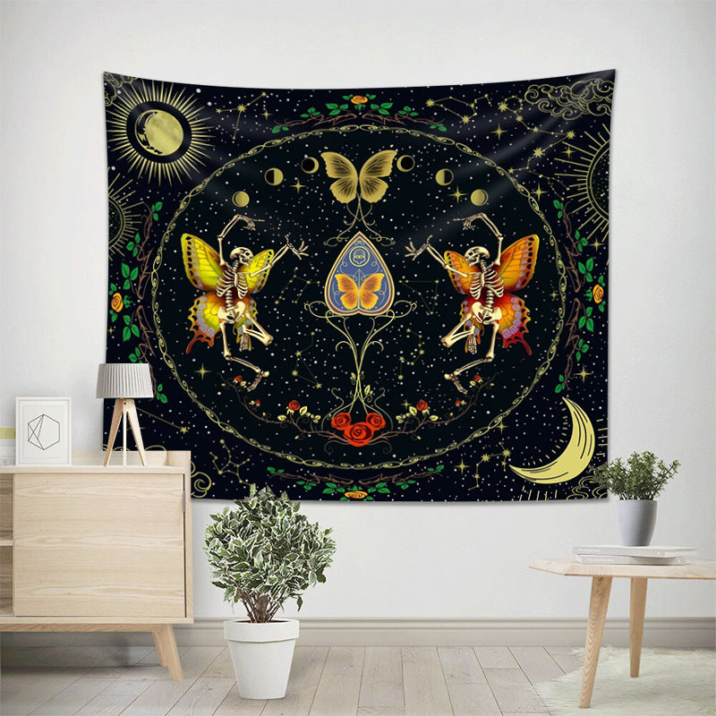 Moth Butterfly Tapestry, Skull Tapestry , Black Tarot Skeleton Wall Hanging ,Sun and Moon Cloth, Hippie ,Goth, Aesthetic for Bedroom, Dorm