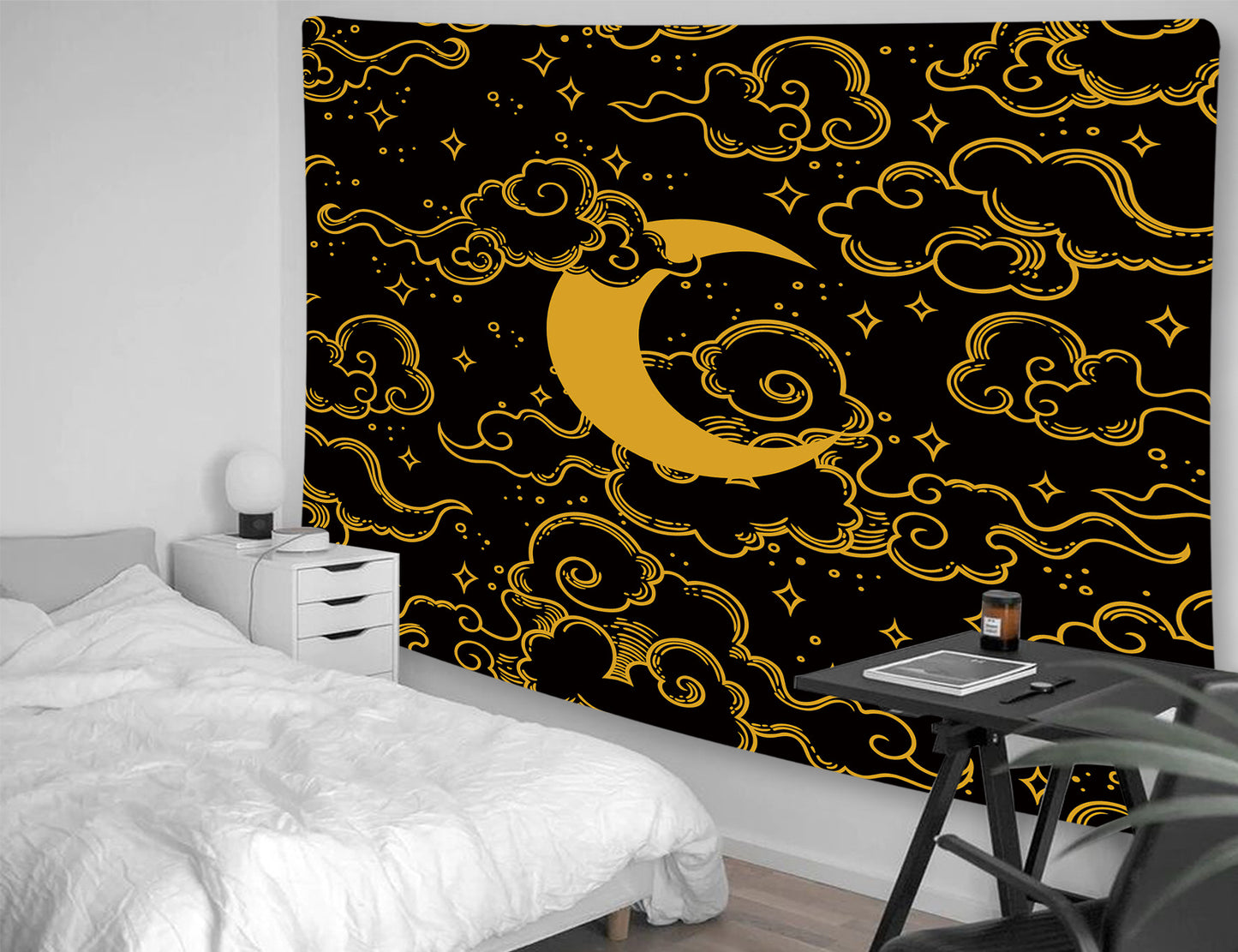 Moon Phase Tapestry , Starry Night  Wall Hanging,  Moon and Stars Tapestry,  Black and Yellow Wall Art  Mandala Tablecloth, Tarot Cloth