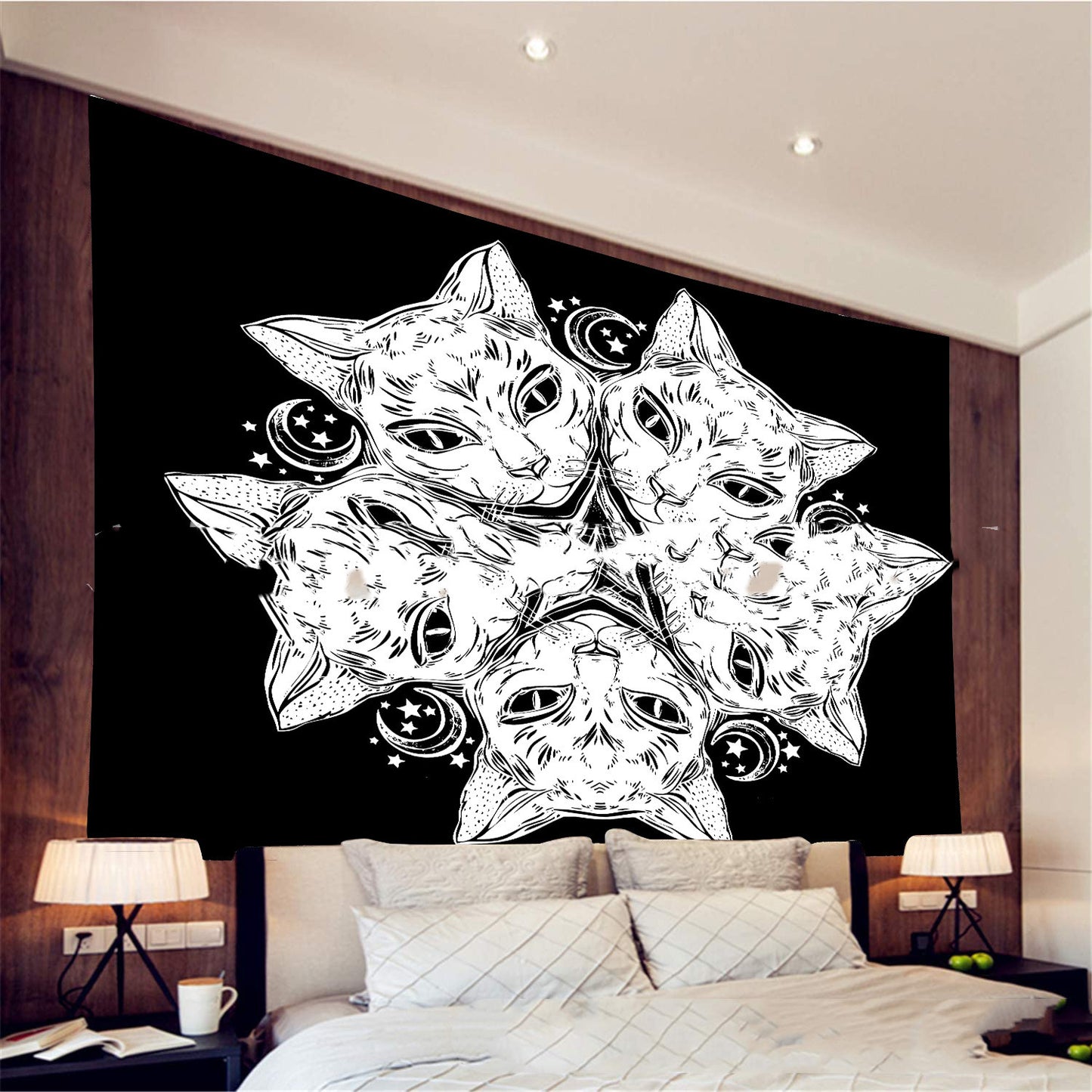 Magic Tapestry,  Black Cat Head Wall Hanging, Sun And Moon Tarot Cloth, Black and White Tapestry, Hippie, Gothic Mandala , Tablecloth, Cover