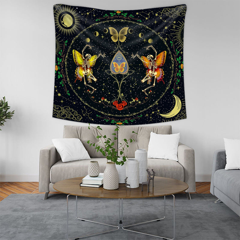 Moth Butterfly Tapestry, Skull Tapestry , Black Tarot Skeleton Wall Hanging ,Sun and Moon Cloth, Hippie ,Goth, Aesthetic for Bedroom, Dorm