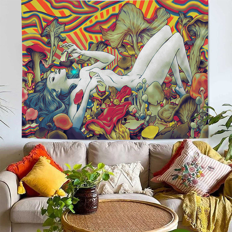 Nude Woman Tapestry, Abstract Naked Girl Lying on Trippy Mushroom Asian Psychedelic Mushroom Tapestry Wall Hanging for Bedroom Home Décor