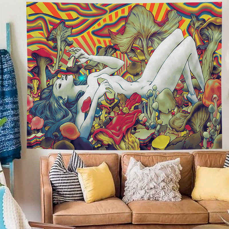 Nude Woman Tapestry, Abstract Naked Girl Lying on Trippy Mushroom Asian Psychedelic Mushroom Tapestry Wall Hanging for Bedroom Home Décor