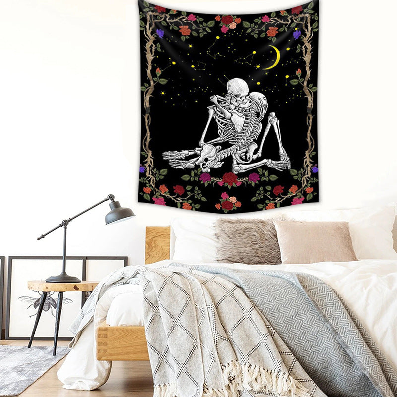 The Kissing Lovers Tapestry, Skull Rose Tapestry  ,Black Tarot Skeleton Wall Hanging  ,Tarot Cloth, Hippie ,Goth, Couple for Bedroom, Dorm