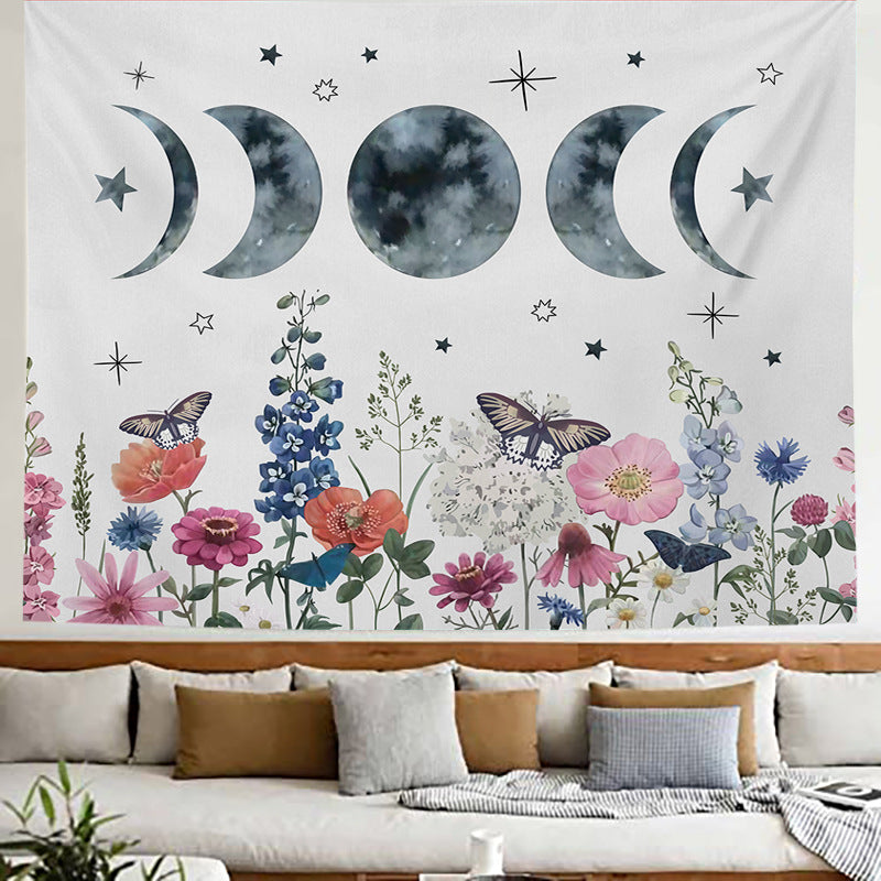 Moon Phase Wall Hanging Tapestry, Beige White Garden Floral Tapestry, Botanical Wall Art Lunar Tapestries, Bohemian Aesthetic Decor for Room