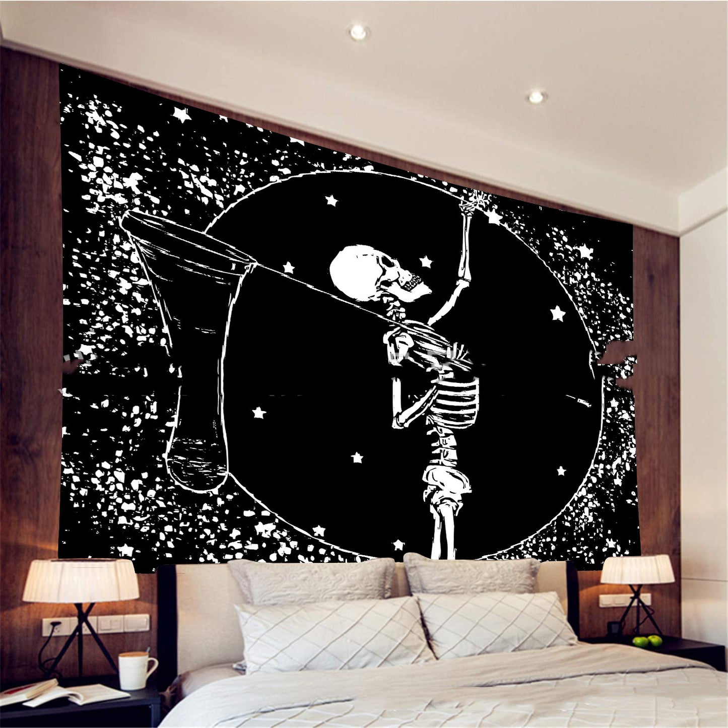 Skeleton Tapestry,  Starry Night Tapestries, Skull Wall Hanging,  Tarot Cloth, Black and White Tapestry, Dark Hippie Trippy Art  Tapestry