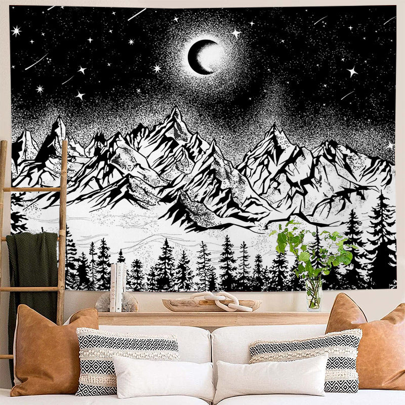 Black and White Tapestry, Psychedelic , Moon Mountains Wall Hanging,  Starry Night Trees Wall Tapestry, Trippy Nature Tapestry, for Dorm