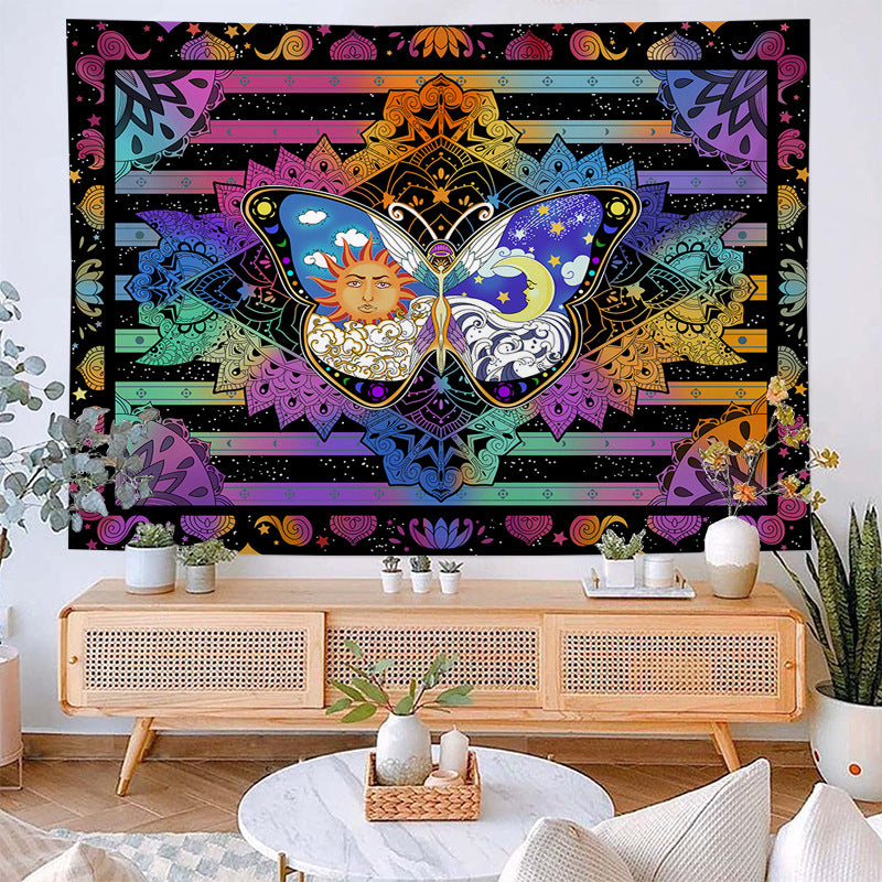 Moth Butterfly Tapestry, Moon and Sun Wall Hanging , Psychedelic Wall Art , Celestial Stars Tapestries, Hippie Aesthetic Bohemian Décor