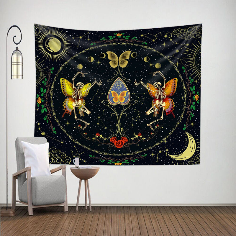 Moth Butterfly Tapestry, Skull Tapestry , Black Tarot Skeleton Wall Hanging ,Sun and Moon Cloth, Hippie ,Goth, Aesthetic for Bedroom, Dorm