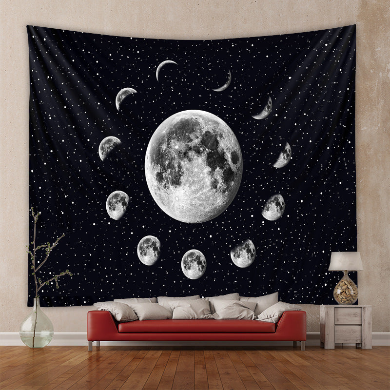 Lunar Tapestry,  Moon Phase Wall Hanging, Full Moon Wall Décor, Luna Tapestry, Black and White Art, Tarot Card Cloth, Starry Night Backdrop
