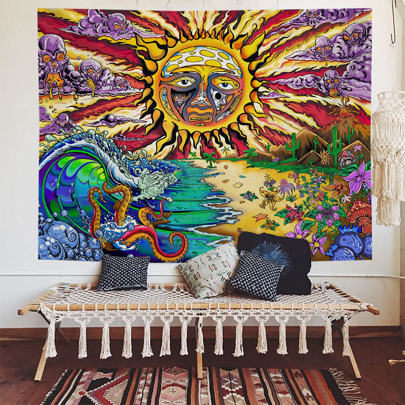 Trippy Sun Tapestry, Psychedelic Hippie Sublime Ocean Wave Sunset Sunrise Wall Hanging, Colorful Monster Wall Tapestry, Aesthetic Decor