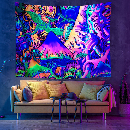 UV Black Light Tapestry,Psy backdrop, Trippy Mushroom Wall Hanging, Dinosaur Psychedelic Mandala Wall Art, Party Décor, for Bedroom, Room