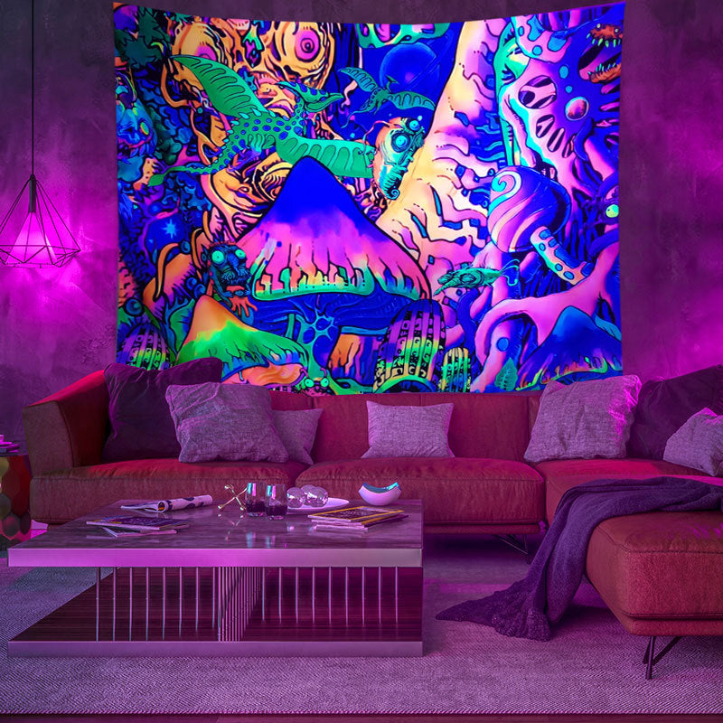 UV Black Light Tapestry,Psy backdrop, Trippy Mushroom Wall Hanging, Dinosaur Psychedelic Mandala Wall Art, Party Décor, for Bedroom, Room
