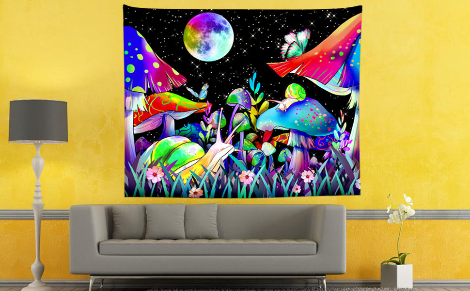 Mushroom Tapestry , Full Moon Tapestry Wall Hanging Psychedelic Trippy Black Light Snail Tapestries for Bedroom Aesthetics Party Decor