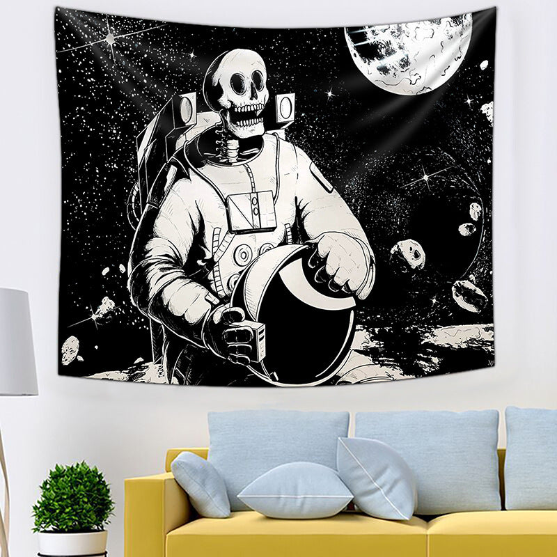 Skeleton Tapestry, Astronaut in Space Wall Tapestry , Skull Wall Hanging  , Black and White Moon Star, Hippie ,Goth,  for Bedroom, Dorm