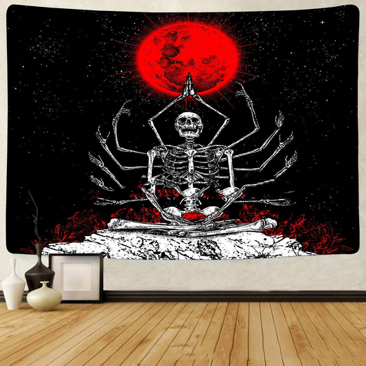 Meditating Skeleton Tapestry,  Skull Tapestries, Red Blood Moon Tarot Tapestry, Psychedelic Hippie Goth Trippy Art Black Mediation Tapestry