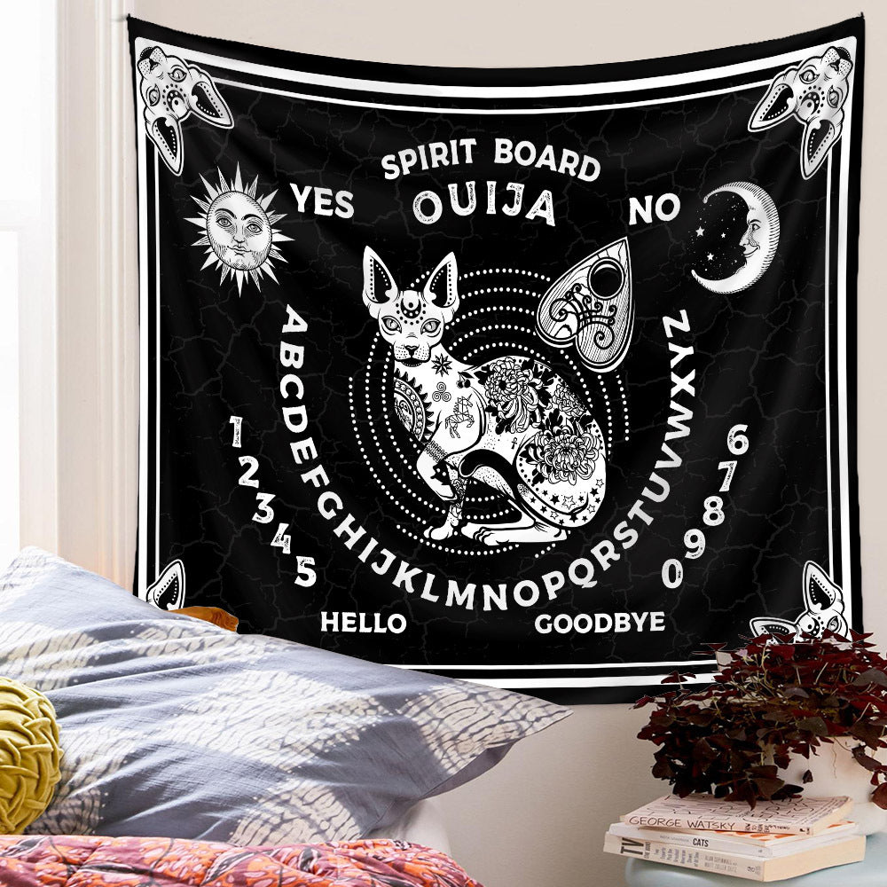 Black Cat Tapestry, Ouija Board Wall Hanging , Black and White Tapestry,  Large Tapestry , Spiritual  Goth Mandala Spirit Art , Tarot Cloth