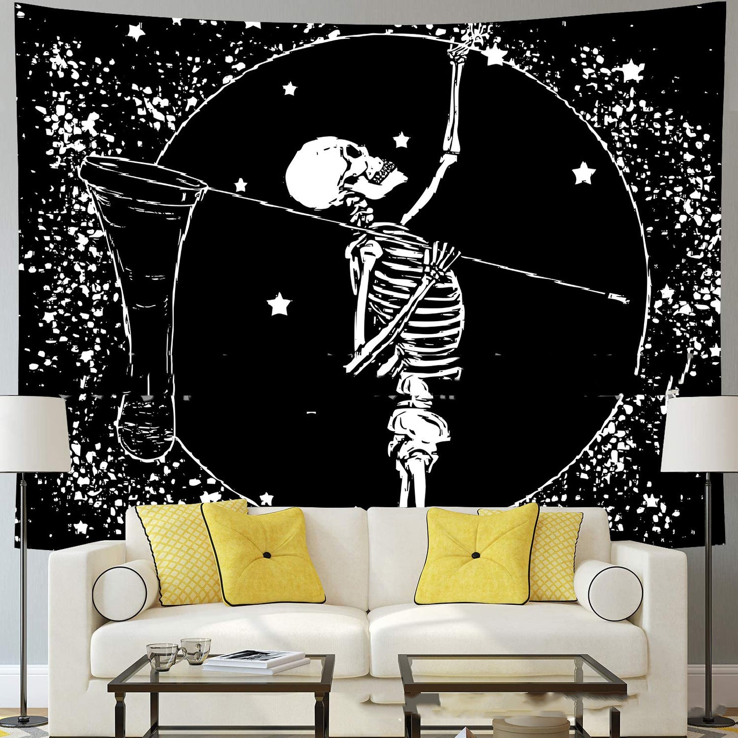 Skeleton Tapestry,  Starry Night Tapestries, Skull Wall Hanging,  Tarot Cloth, Black and White Tapestry, Dark Hippie Trippy Art  Tapestry