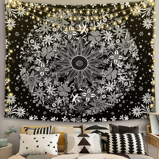 Flower Tapestry, Psychedelic, Tarot ,Astrology, Witchcraft, Black and White Mandala Tapestry Wall Hanging Wall Decor Art Celestial Room