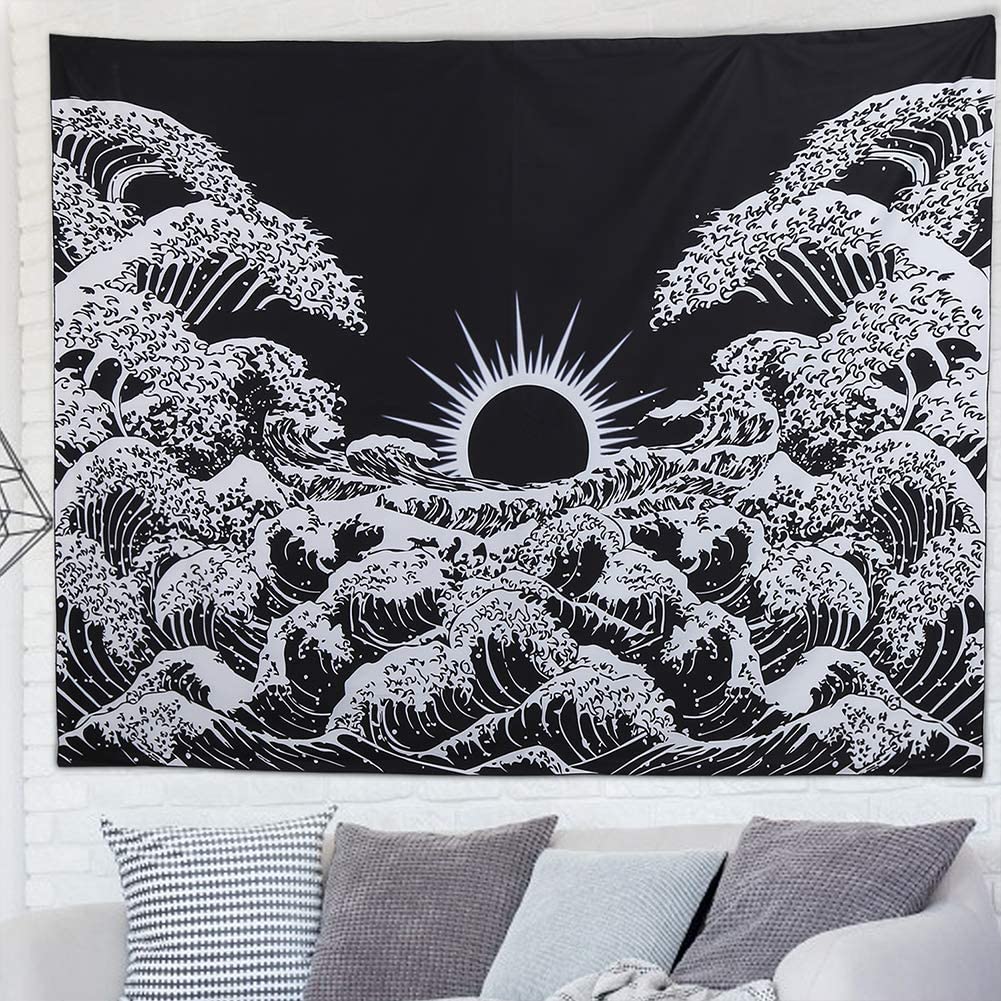 Great Wave Of Kanagawa Tapestry , Black and White Tapestry, Japanese Wall Hanging , Sun and Wave Mandala, Wall Tapestry for Bedroom , Dorm