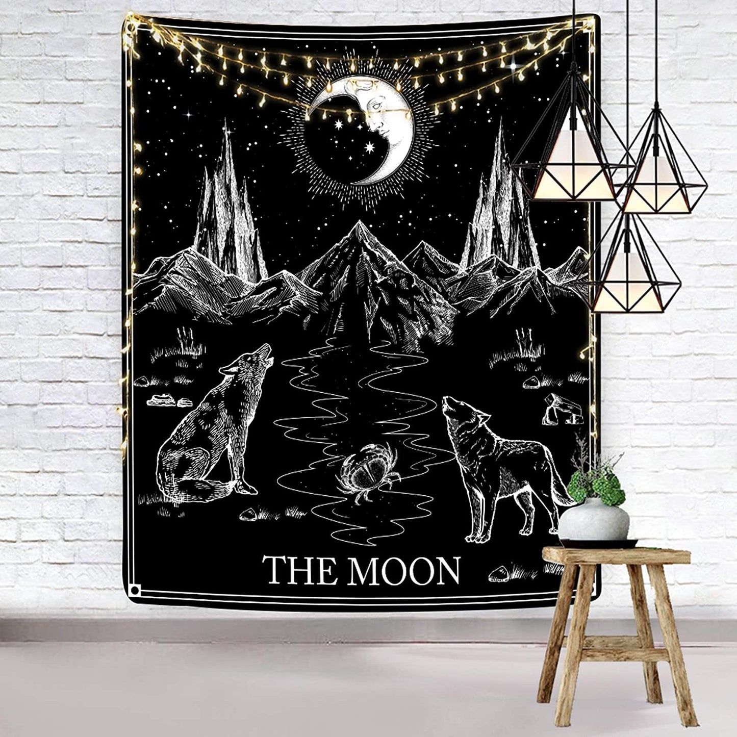 Tarot Tapestry ,Black and White Tapestry, Satanic Wall Hanging, Gothic Decor for Home, Wolf and Moon Wall Tapestry for Bedroom Living Room