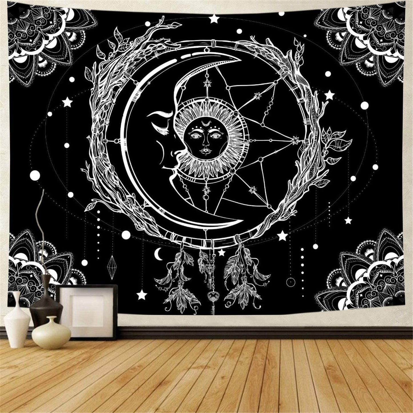 Moon and Sun Tapestry , Black and White Starry Sky Mandala, Hippy Celestial Wall Hanging,Tarot Cloth, Dreamcatcher for Bedroom Living Room