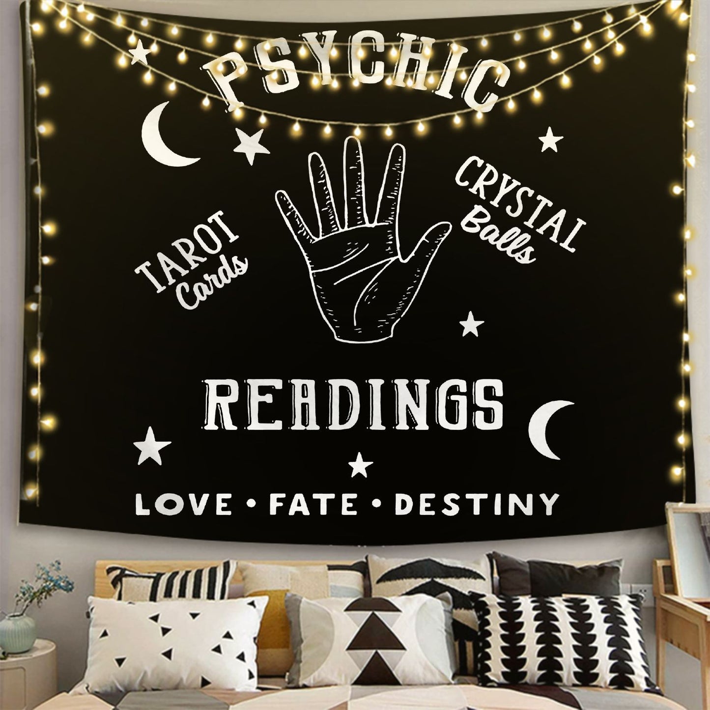 Tapestry Moon and Star Love, Fate, Destiny, Readings Black Mandala Wall Hanging Hand Bohemian Tarot Cloth Bedroom Living Room Home Decors