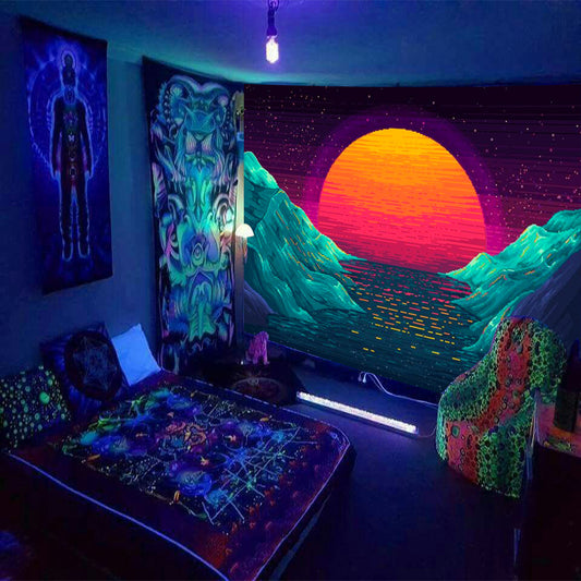 UV Blacklight Tapestry, Sun and Ocean Wall Hanging, Fractal Tapestry Wall Hanging,  Nature Landscape Tapestries, for Living Room Dorm Décor