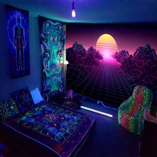 Blacklight Tapestry, Colorful Mountains Trippy Wall Hanging, Sunset Tapestries  ,Surreal Art,  Trippy Backdrop, for Dorm , Party Décor