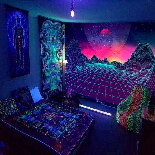 UV Blacklight Tapestry, Sun and Mountain Wall Hanging,  Neon Wall Hanging, Colorful Nature Landscape Tapestries, for Living Room Dorm Décor