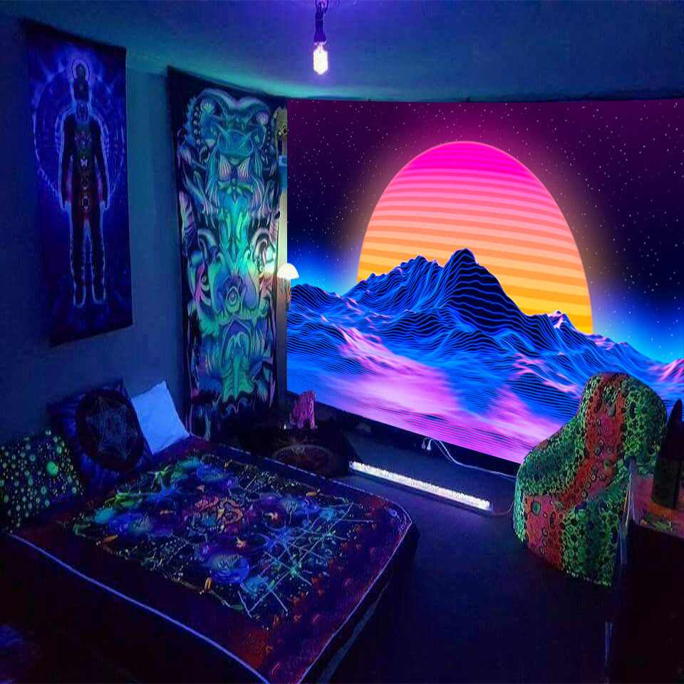 Fluorescent Tapestry, Mountain Landscape Wall Hanging, Sunset Tapestry ,Surreal Art,  Trippy Backdrop, for  Bedroom Dorm , Neon Party Décor