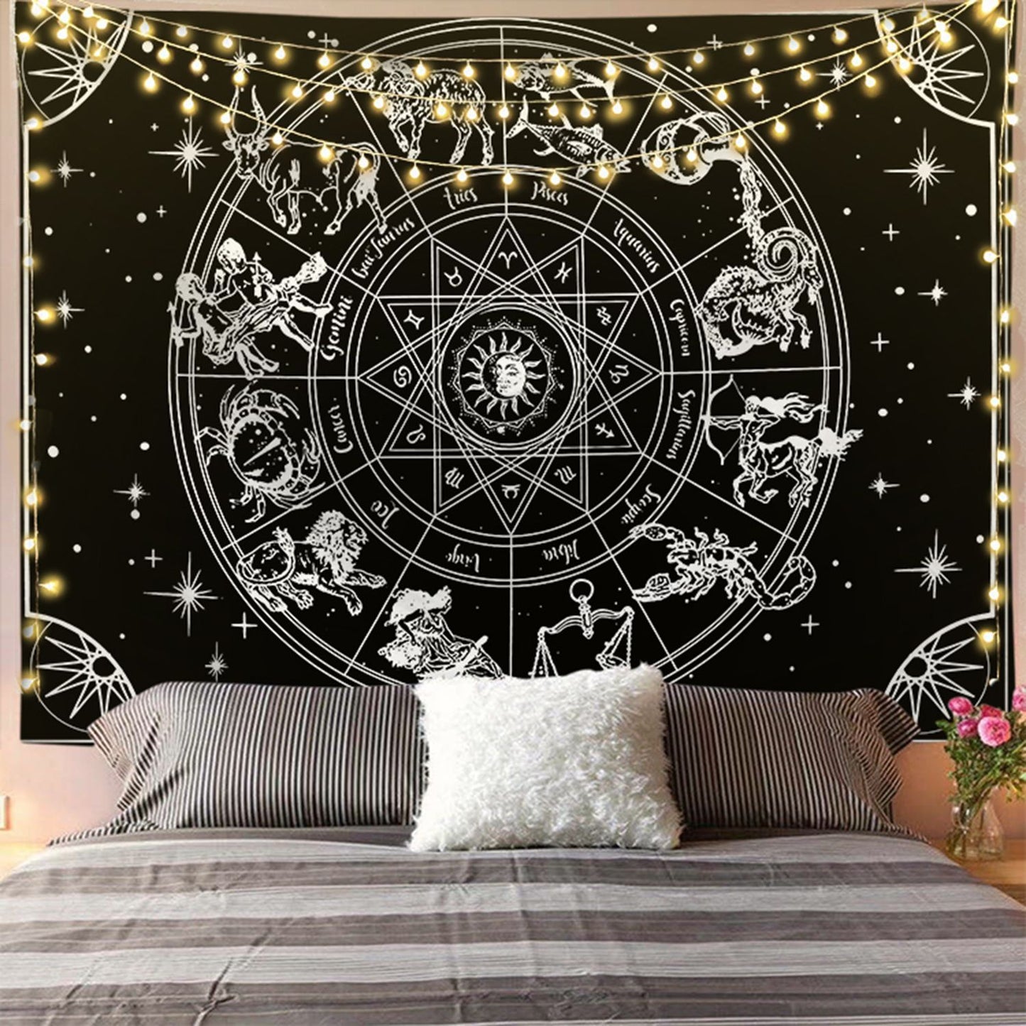 Constellation Wall Hanging, Black and White Tapestry, Tarot Cloth, Zodiac Indian Mandala, Astrology Wall Art  Living Room and Bedroom