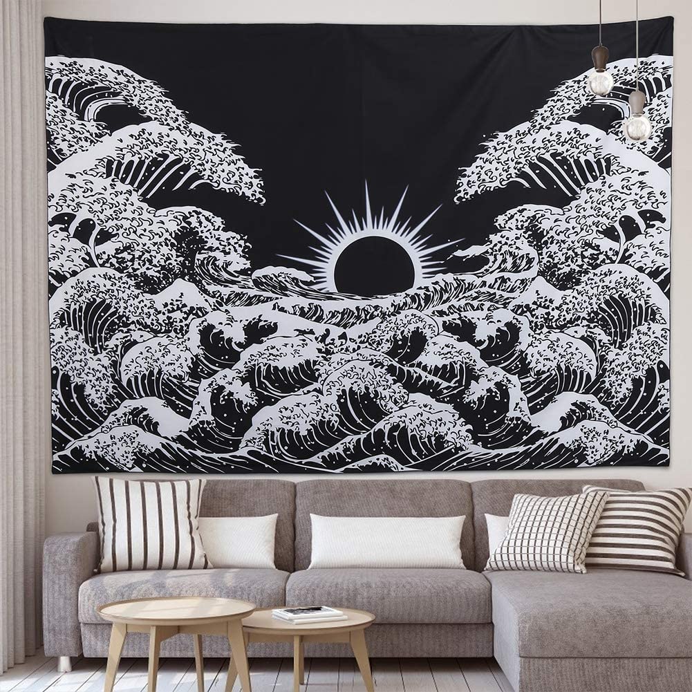 Great Wave Of Kanagawa Tapestry , Black and White Tapestry, Japanese Wall Hanging , Sun and Wave Mandala, Wall Tapestry for Bedroom , Dorm