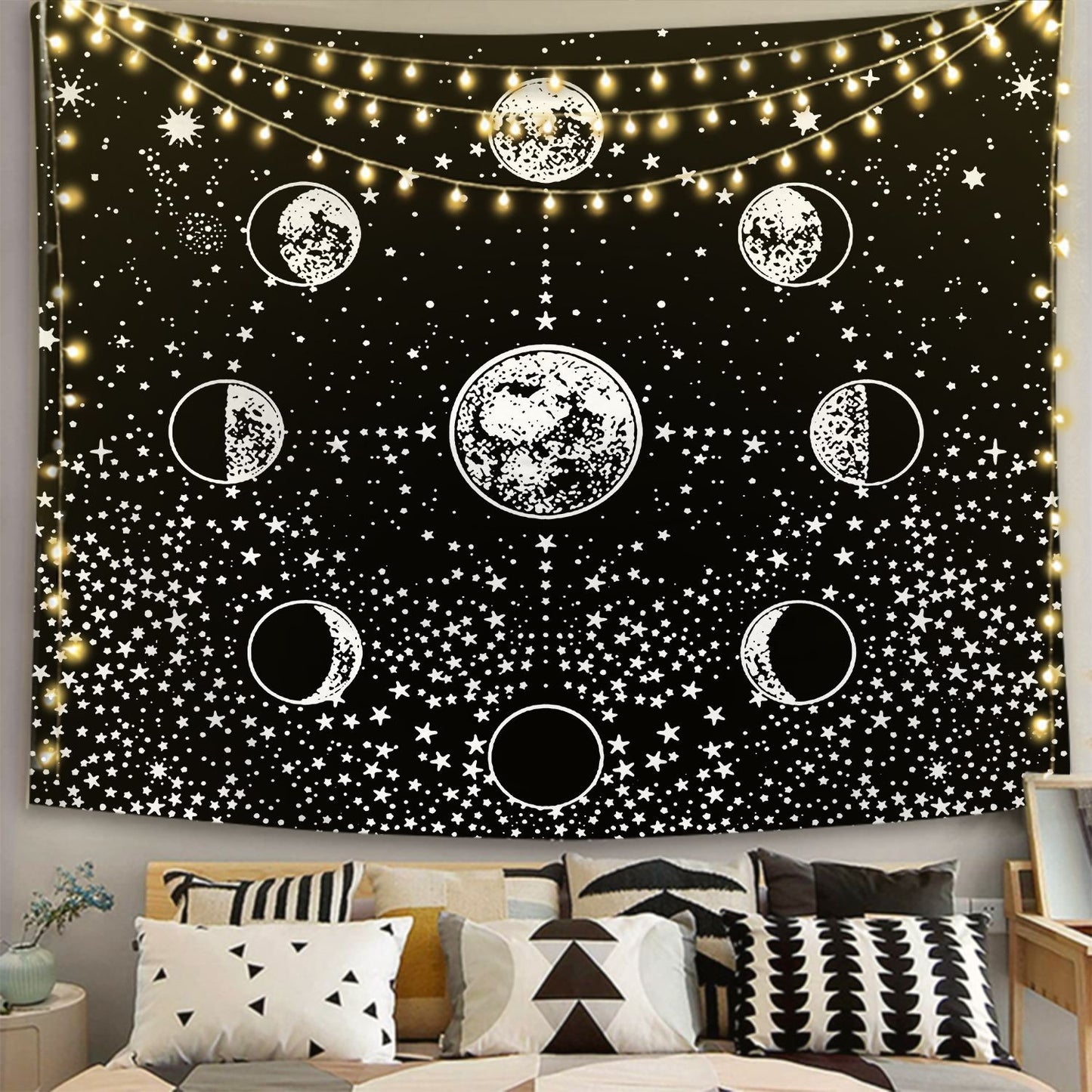 Moon Phase Tapestry , Black and White Wall Hanging, Starry Night , Sky , Universe, Galaxy Décor , Celestial Tarot Posters For Bedroom Room