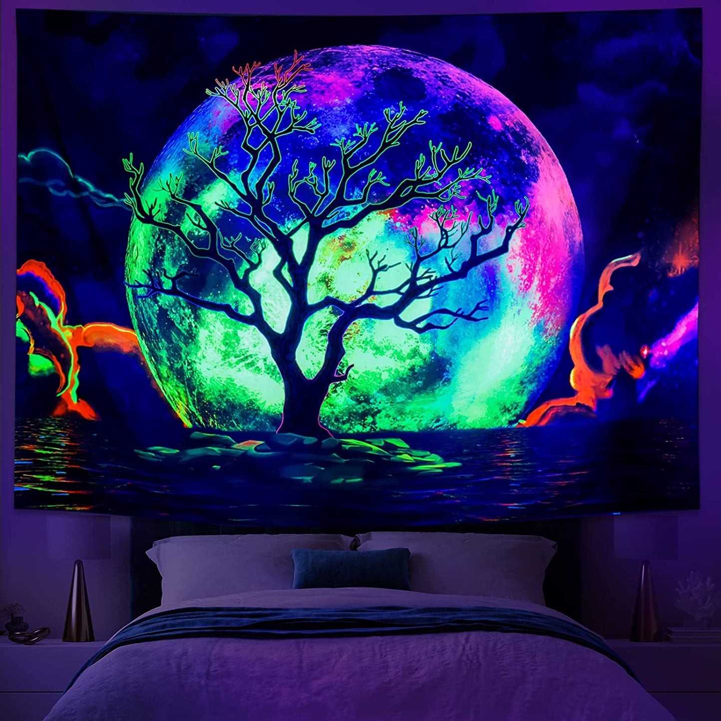 Fluorescent Tapestry, Trippy Moon Wall  Hanging, Aesthetic Room Decor, Ocean Tapestry, Psychedelic UV Blacklight Hippie Tapestry for Bedroom