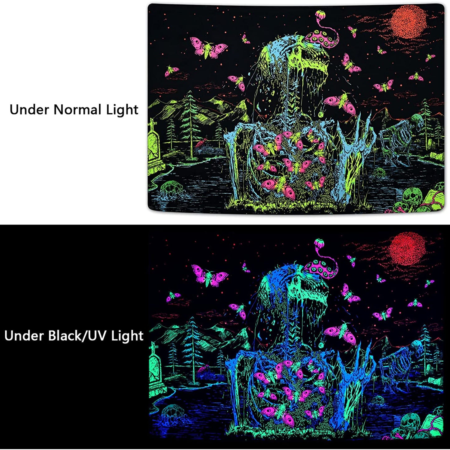 Blacklight Goth Skeleton Tapestry , UV Reactive Trippy Neon Butterfly Mandala Tapestry, Glow in the Dark  Skull Tapestries Gothic Wall Party