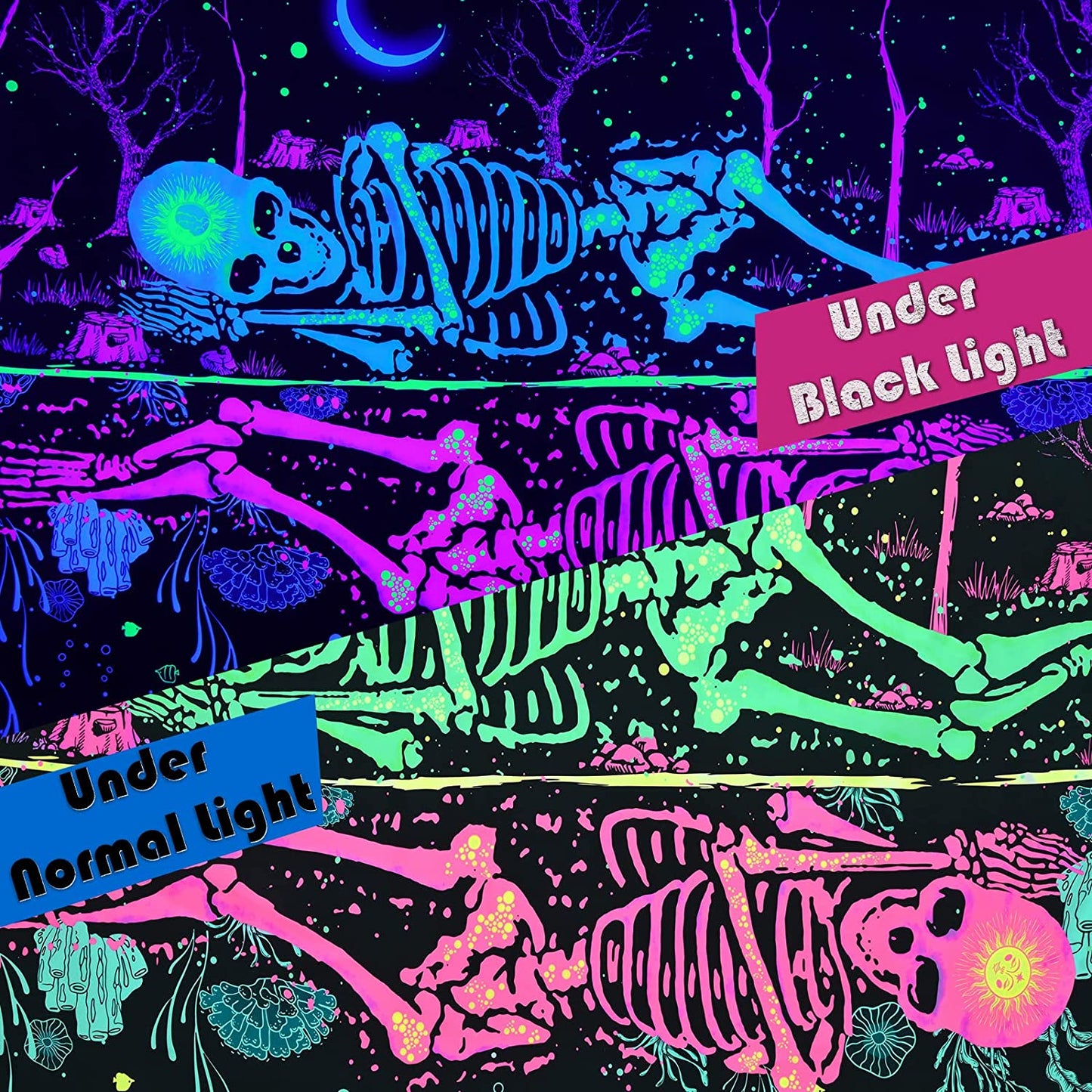 UV Reactive Black Light Fluorescent Wall Hanging, Skeleton Lover Tapestry, Trippy Tapestry, Psychedelic Dark Galaxy Moon Mandala Party Décor