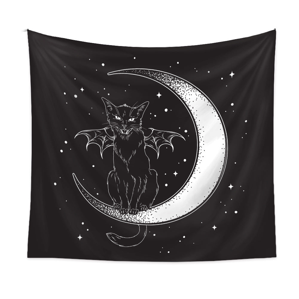 Black Cat Tapestry, Pagan Wall Hanging , Black and White Tapestry,  Moon Phase Decor , Spiritual  Goth Mandala ,Witchy Art for Living Room