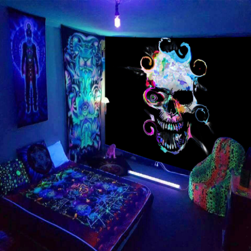 Fluorescent Tapestry , Skull  Tapestry, Skeleton Wall Hanging,  Gothic  Scary Trippy  Horror Tapestries Poster Art  for  Home Dorm Décor