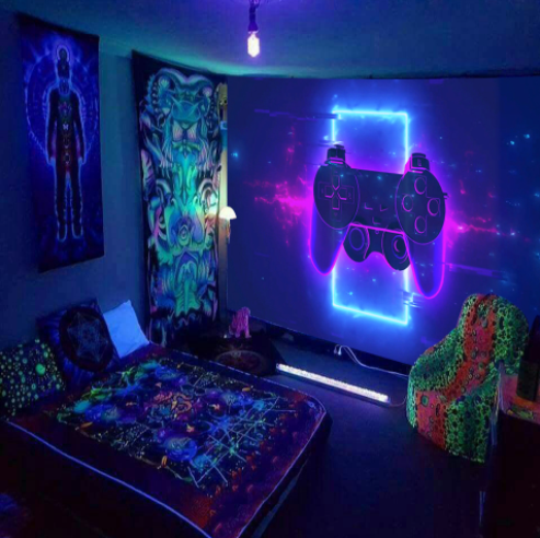 Fluorescent Tapestry , Gamer Room Tapestry, Neon Wall Hanging,  Game Controller Tapestries Indoor Poster Art  for  Kids Room,  Dorm Décor