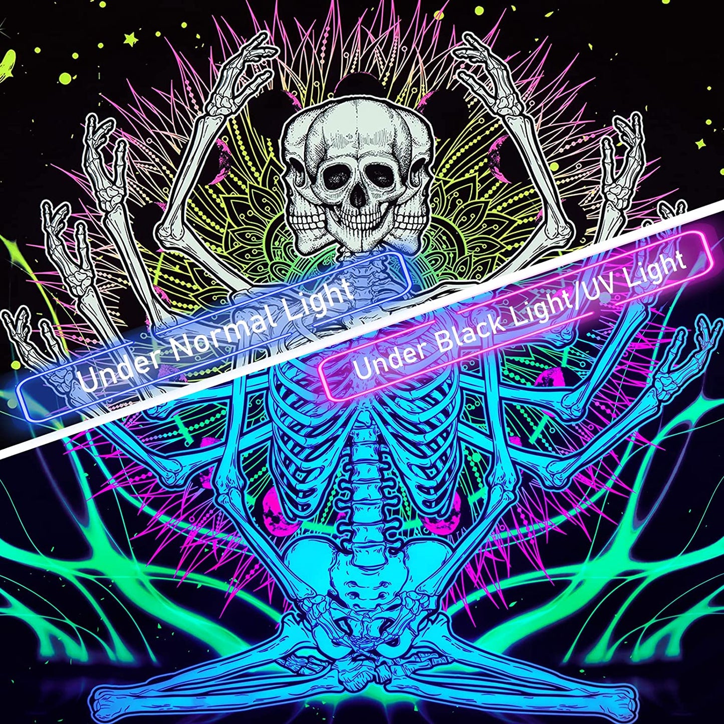 Blacklight Skeleton Tapestry , UV Reactive Trippy Neon Mandala Tapestry, Glow in the Dark Horror Skull Tapestries Gothic Wall Décor Party