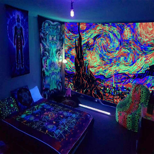 Van Gogh Starry Night UV Reactive Tapestry Print,  Blacklight Wall Hanging,  Glow in The Dark Fluorescent Tapestry for Bedroom, Living Room