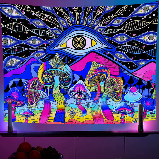 Psychedelic Mushroom Mandala Tapestry,  Blacklight UV Reactive Trippy Wall Hanging, Fluorescent Moon and Stars, Fantasy Plants Décor, Dorm