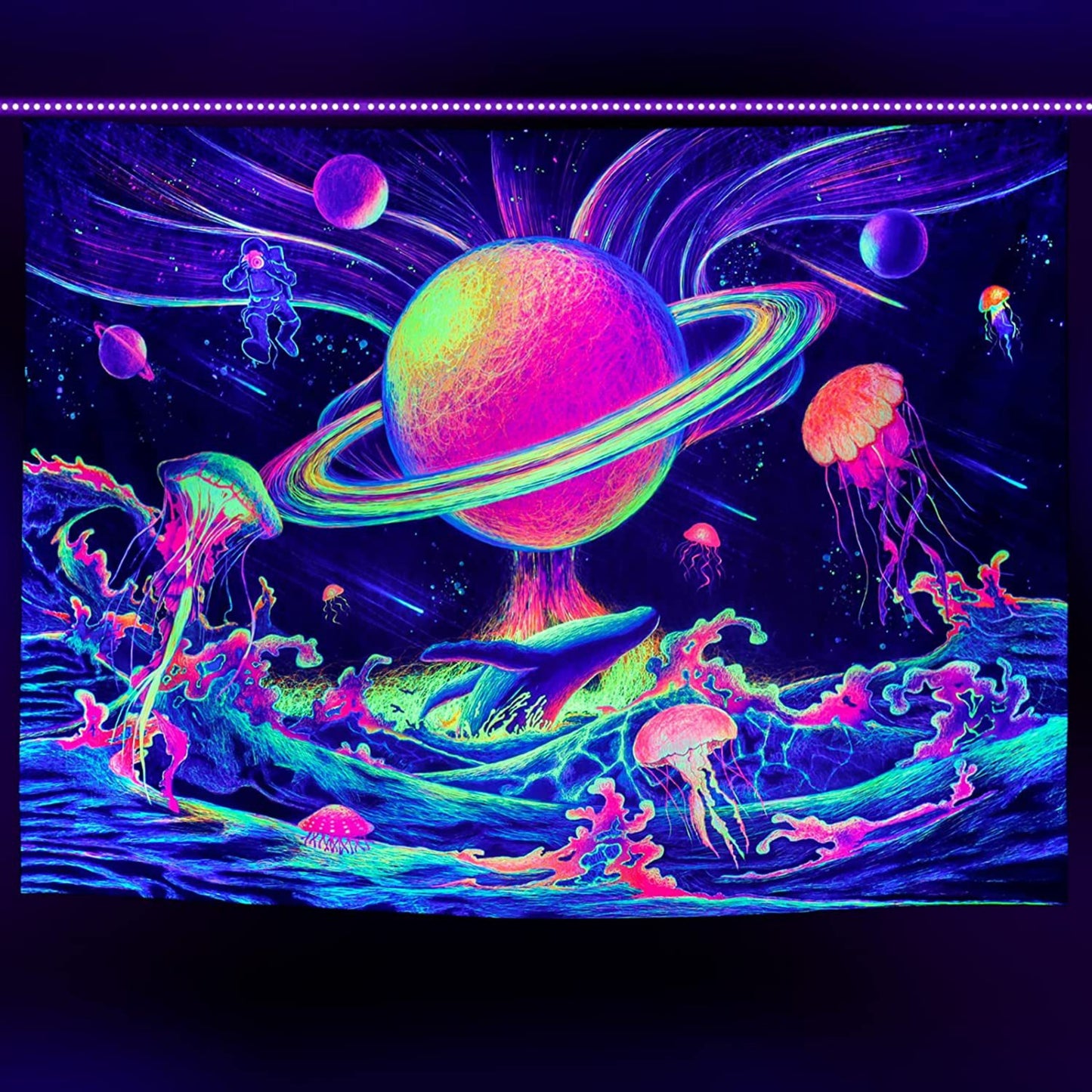 UV Reactive Tapestry, Trippy Tapestry Wall Hanging, Blacklight Planet, Galaxy, Jellyfish, Universe, Ocean ,Fantasy Wall Tapestry for Bedroom
