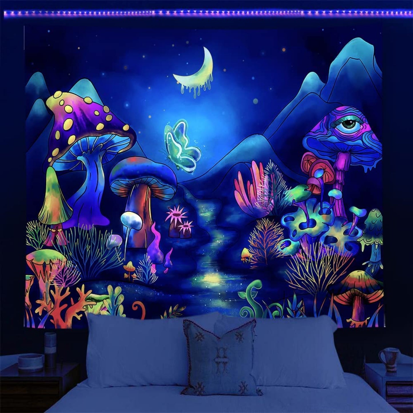 Trippy Mushroom Tapestry, Floral Tapestries, Blacklight Wall Hangings, UV Reactive Tapestry, Glow in the Dark Backdrop  Bedroom Living Room