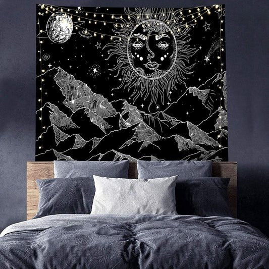 Black and White Tapestry, Psychedelic Mountain ,Sun, Star Moon, Wall Hanging , Celestial  Wall Art, Hippie Tapestry for Dorm, Room