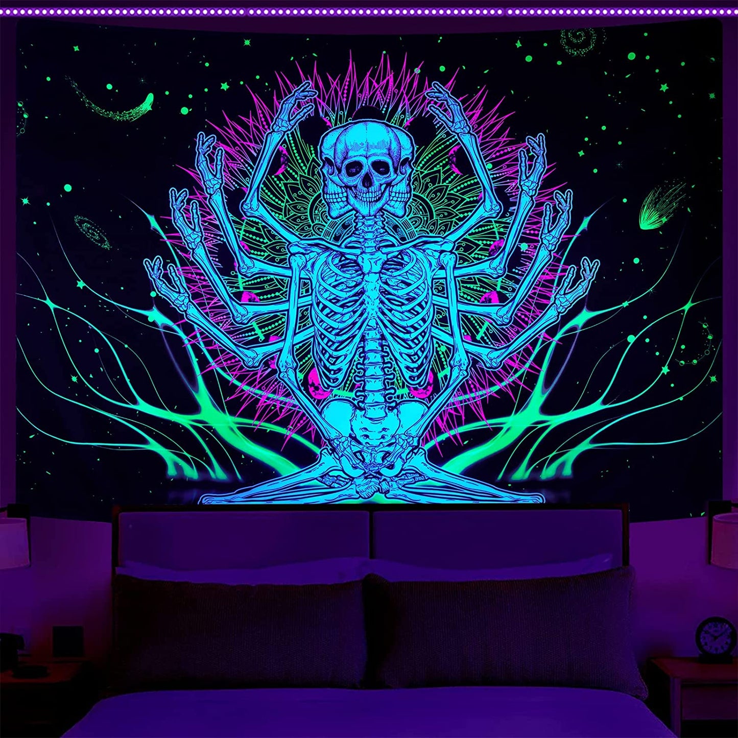 Blacklight Skeleton Tapestry , UV Reactive Trippy Neon Mandala Tapestry, Glow in the Dark Horror Skull Tapestries Gothic Wall Décor Party